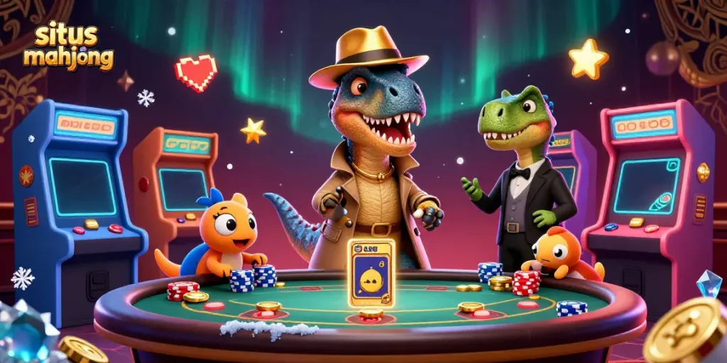 Engage with the exciting world of situs mahjong, featuring dynamic casino cartoon characters in action.