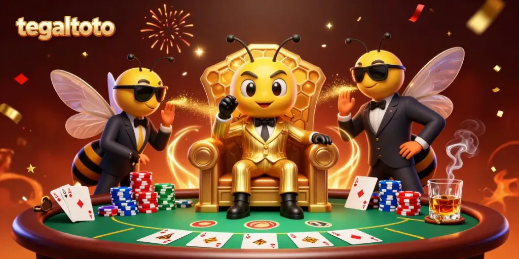 Experience thrilling gameplay in tegaltoto with a captivating 3D bumblebee mob boss surrounded by high-stakes poker elements.