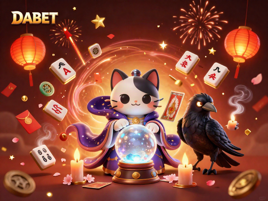 DABET captivates players with a mystical scene featuring a fortune teller cat and tarot raven surrounded by casino elements.