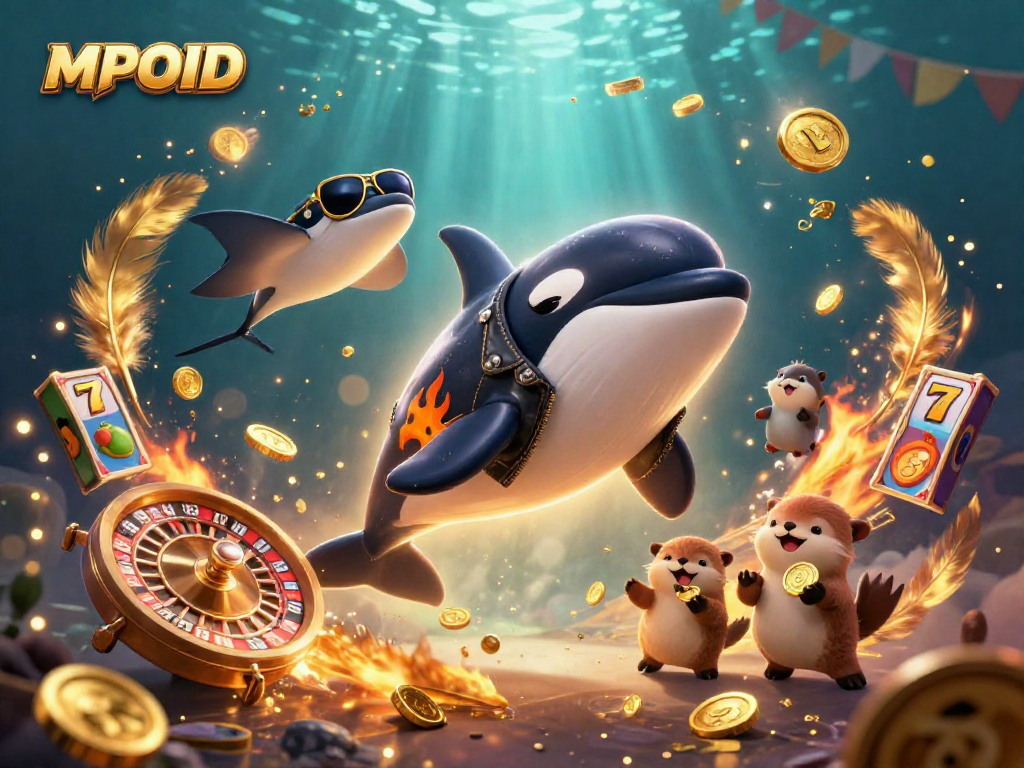 MPOID brings animated excitement in this vibrant casino scene featuring dynamic slot gaming elements.