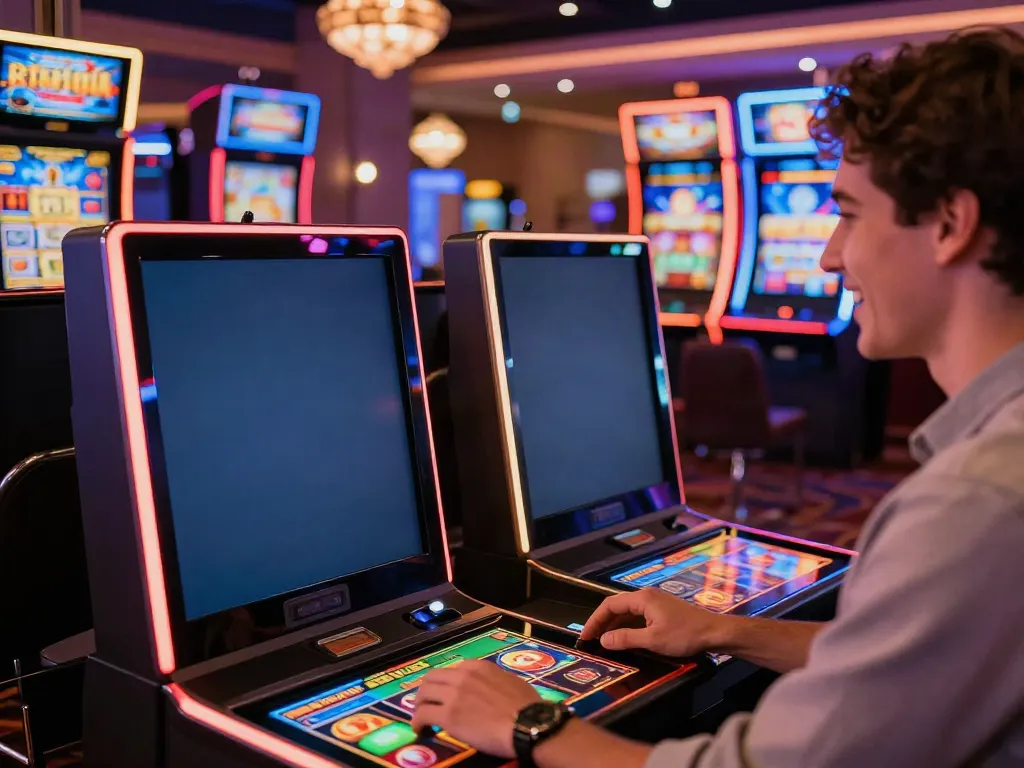 Spieler genießt einen Casino Bonus ohne Einzahlung auf dem Smartphone in einer lebhaften Casino-Umgebung.
