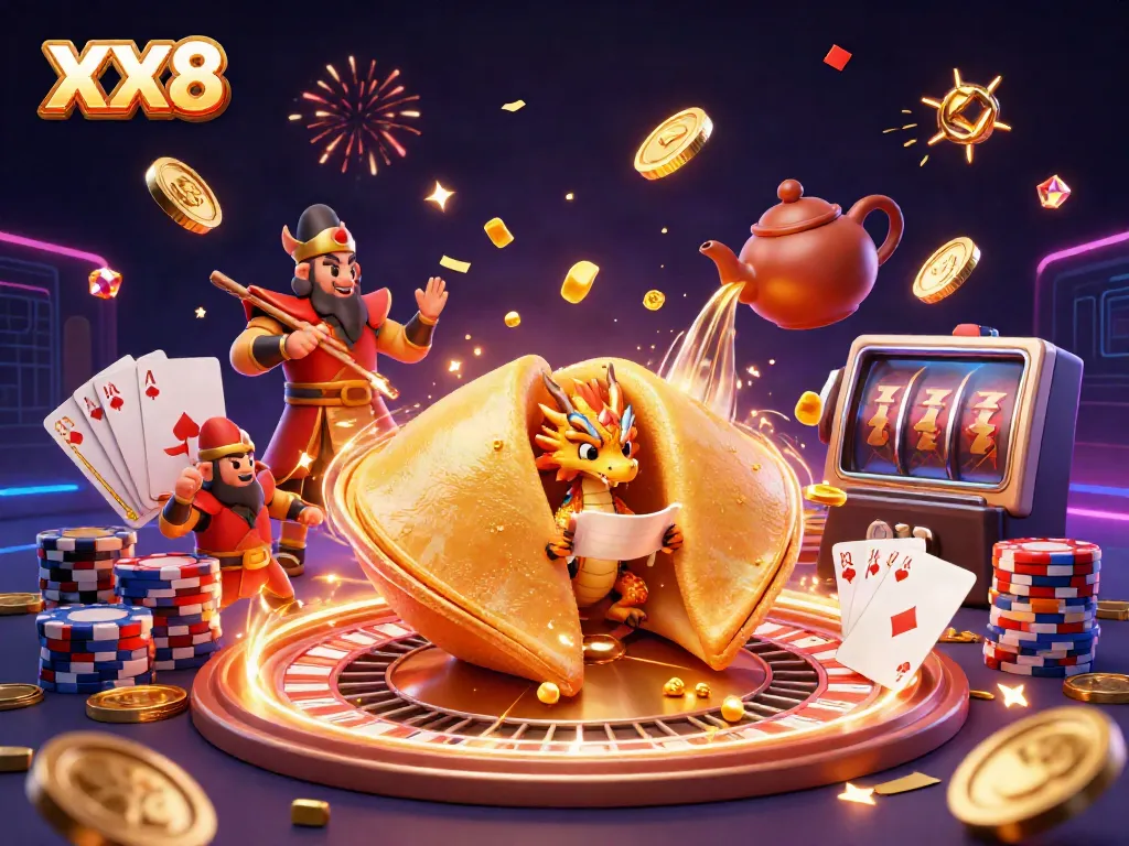 Experience thrilling casino adventures with XX8 in this magical illustration showcasing playful characters and dazzling game elements.