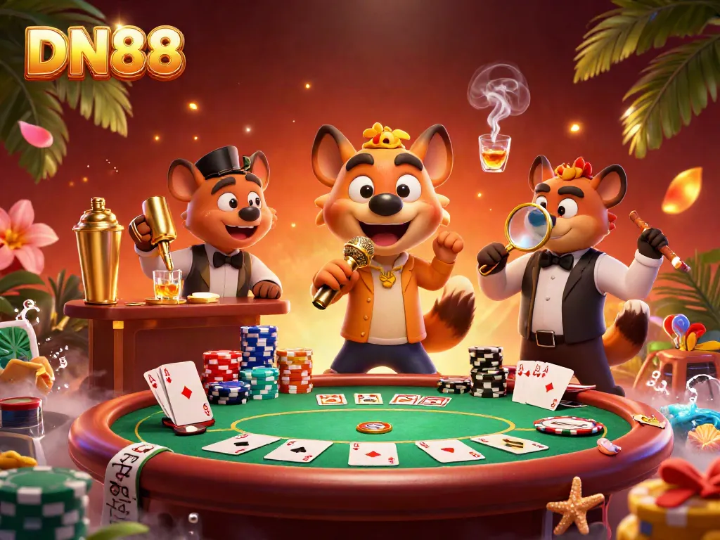 Enjoy the lively DN88 comedy casino scene with hyenas mixing drinks and entertaining guests at the poker table.