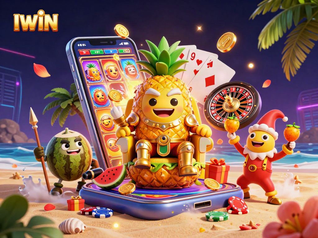 IWIN engages players with vibrant 3D casino fun featuring a golden pineapple king and exciting slot games.