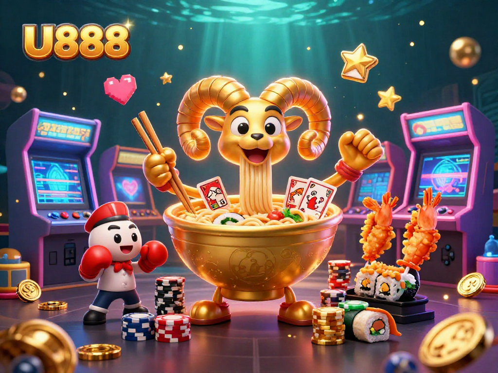 U888 features a vibrant 3D casino scene with gaming elements and animated characters.