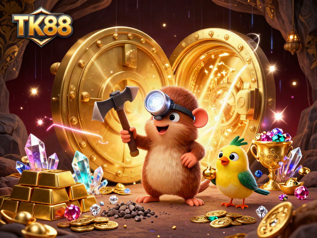 Exciting TK88 casino illustration showcasing a treasure hunter mole, gems, and golden vaults for gamblers.