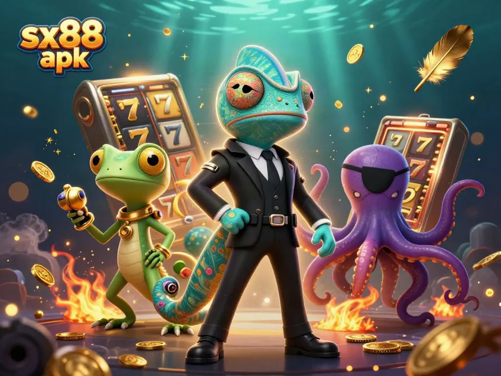 Experience the vibrant action of sx88 apk in this dynamic 3D casino scene with diverse characters and slot game elements.