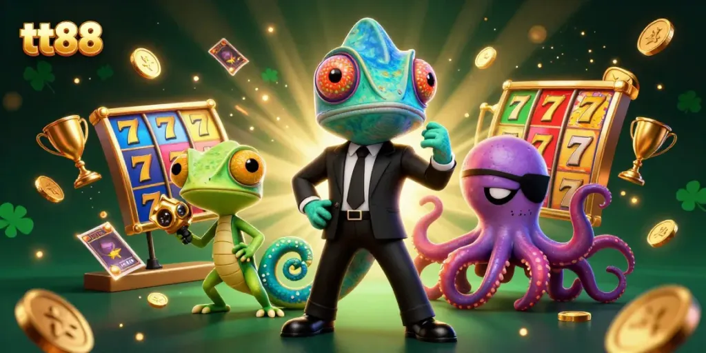 Experience thrilling gameplay at tt88 with vibrant slot reels and dynamic casino characters.