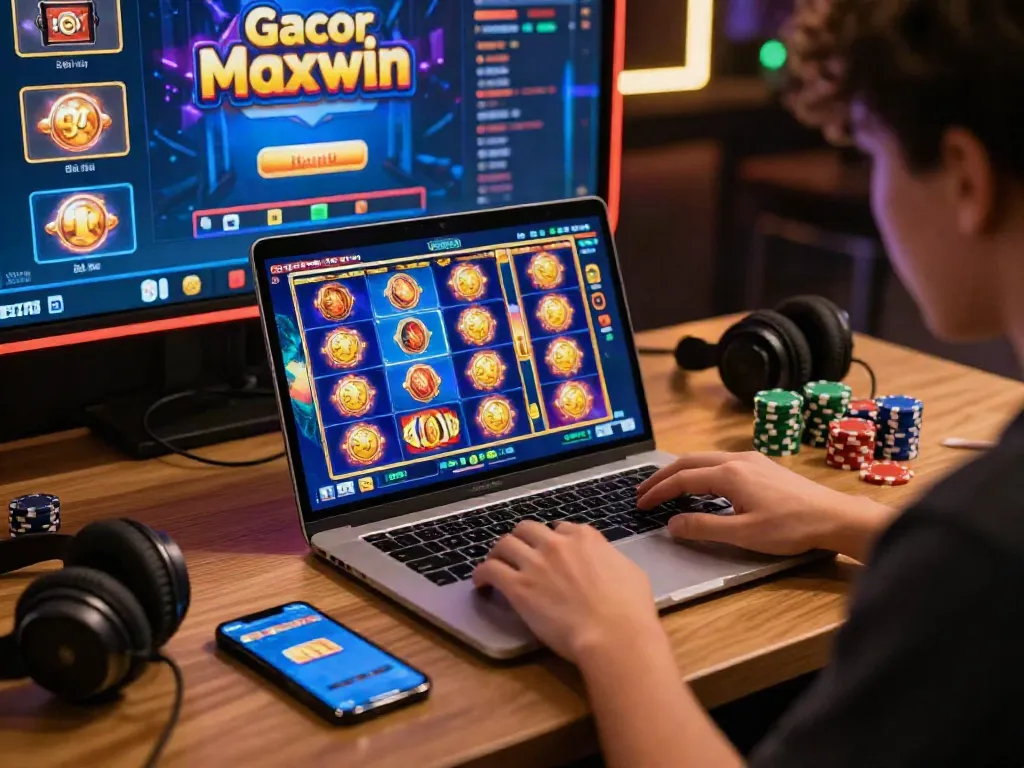 Player enjoying slot gacor maxwin on a laptop with vibrant game graphics and gaming accessories.