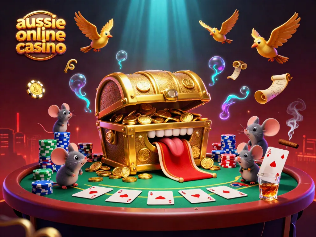 Engaging scene depicting an aussie online casino adventure with a treasure chest, poker elements, and vibrant effects.