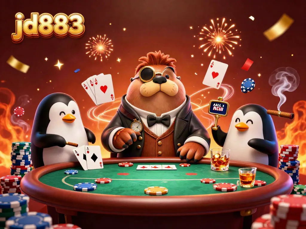 Engage in thrilling poker action at jd883, featuring a walrus and penguin dealer in an underwater casino.