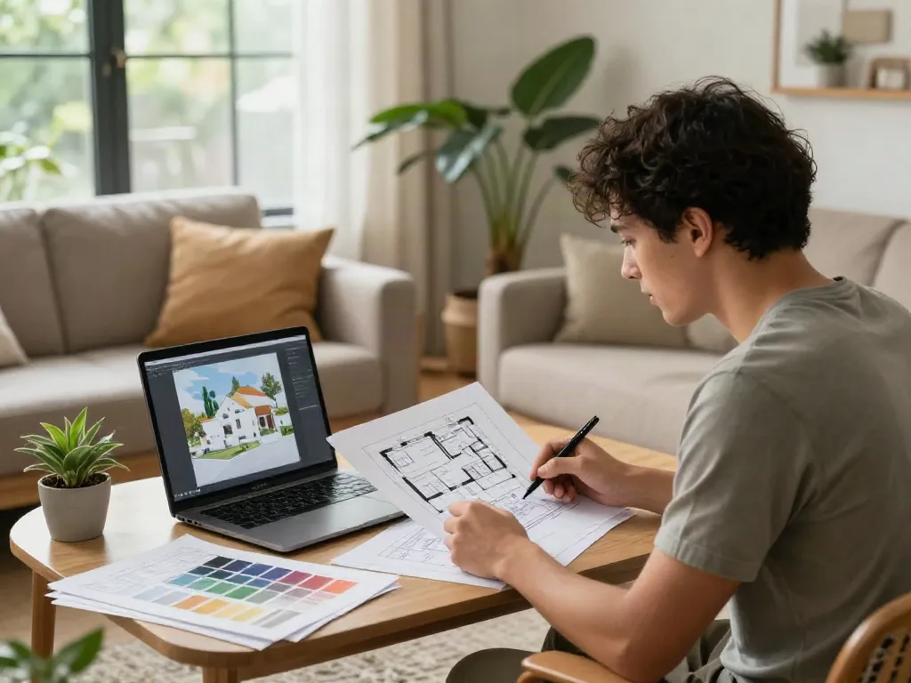 Desain interior ruang tamu yang nyaman dengan arsitek menggunakan laptop dan sketsa di https://bespokegeometry.com/2015/07/22/cocoon/.