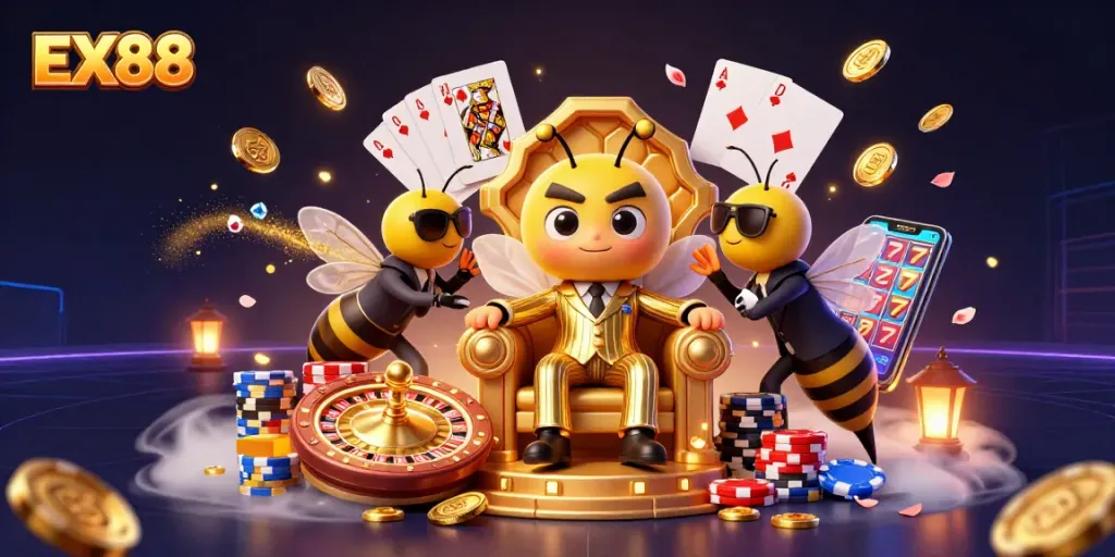 Engage with EX88's thrilling mobile casino experience, showcasing vibrant gaming elements and characters.