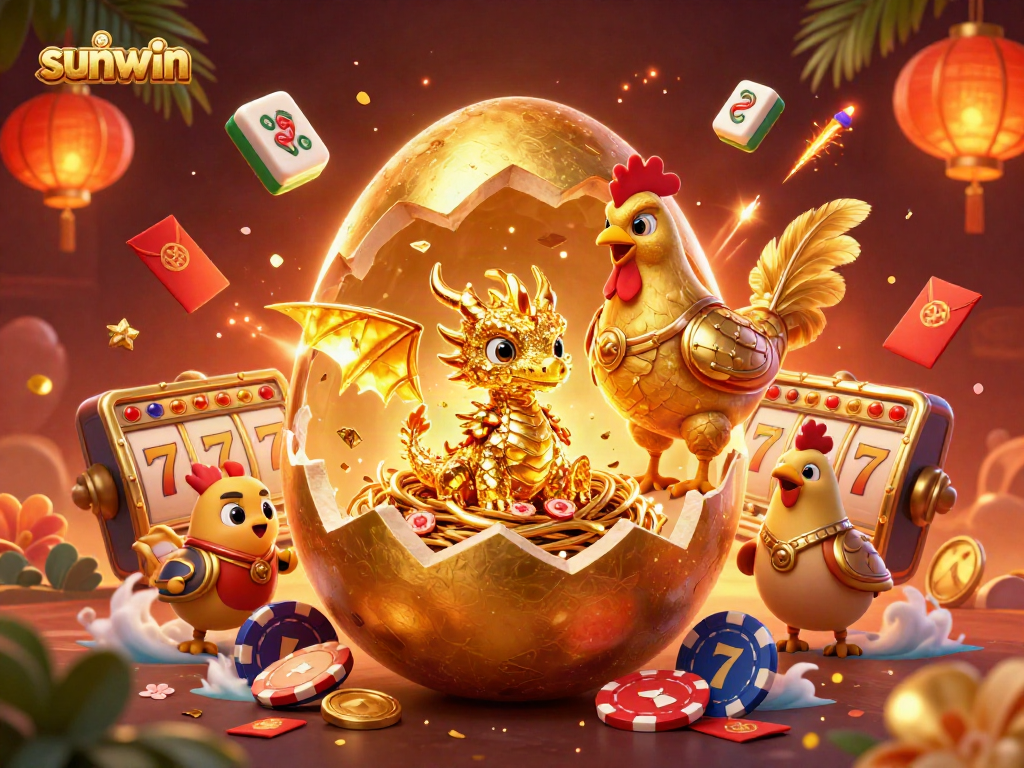 Sunwin showcases a magical casino scene with a golden dragon, poker chips, and dynamic game elements.