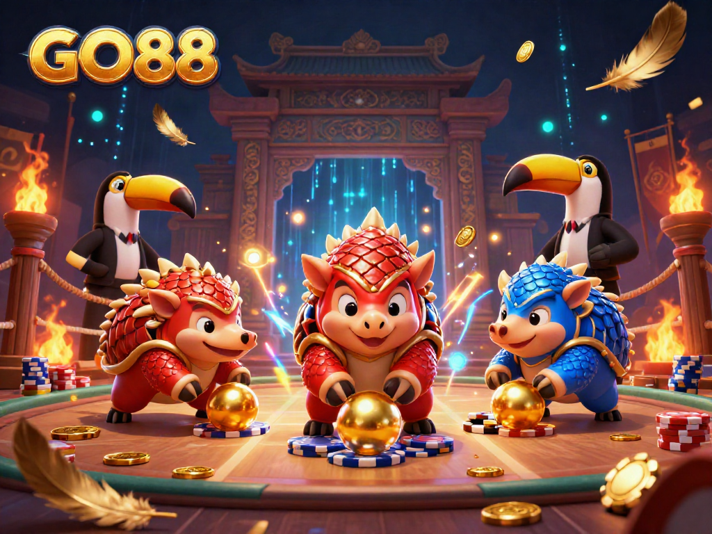 Experience GO88 with a dynamic, ultra-detailed scene featuring competing pangolins in a vibrant casino showdown.