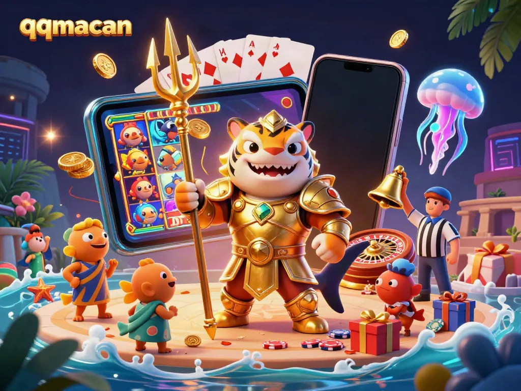 Experience exciting gaming action with qqmacan in a vibrant underwater casino scene featuring a tiger shark and immersive gameplay elements.