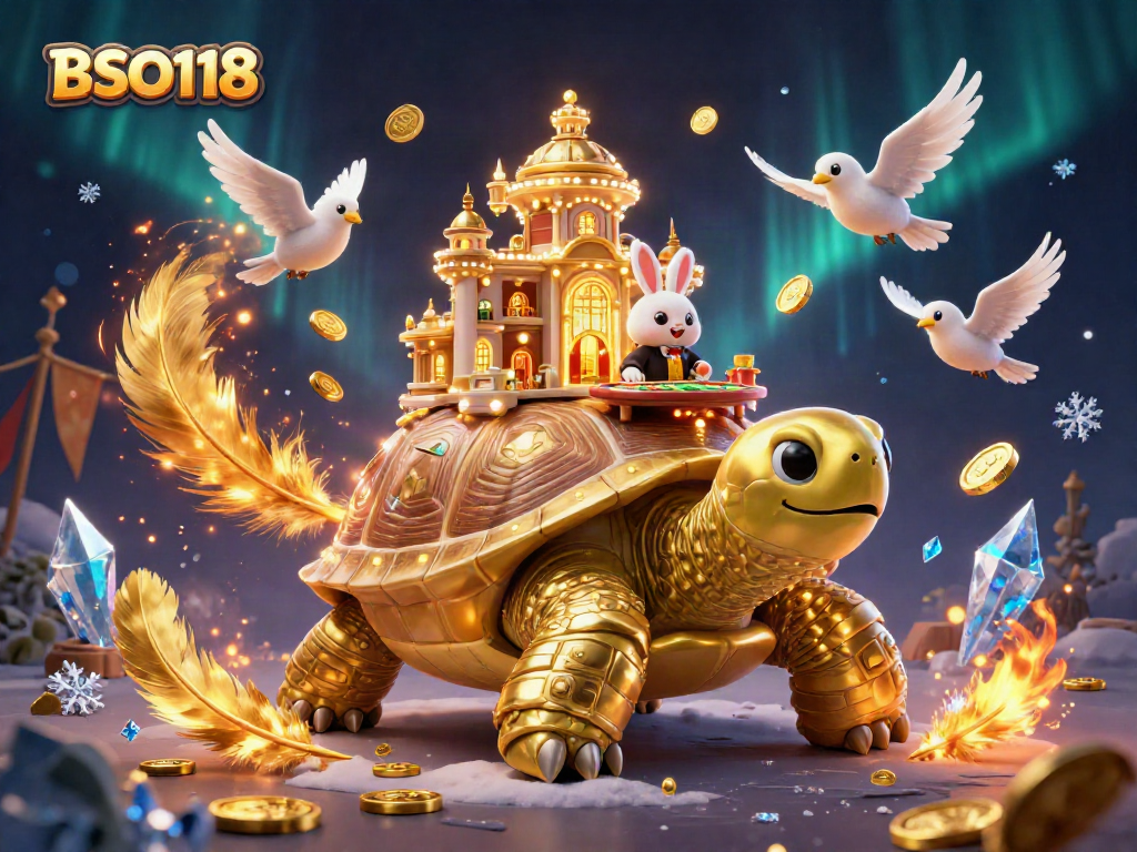 Engage with BSO118's thrilling casino adventure highlighted by a golden tortoise and vibrant dealer.