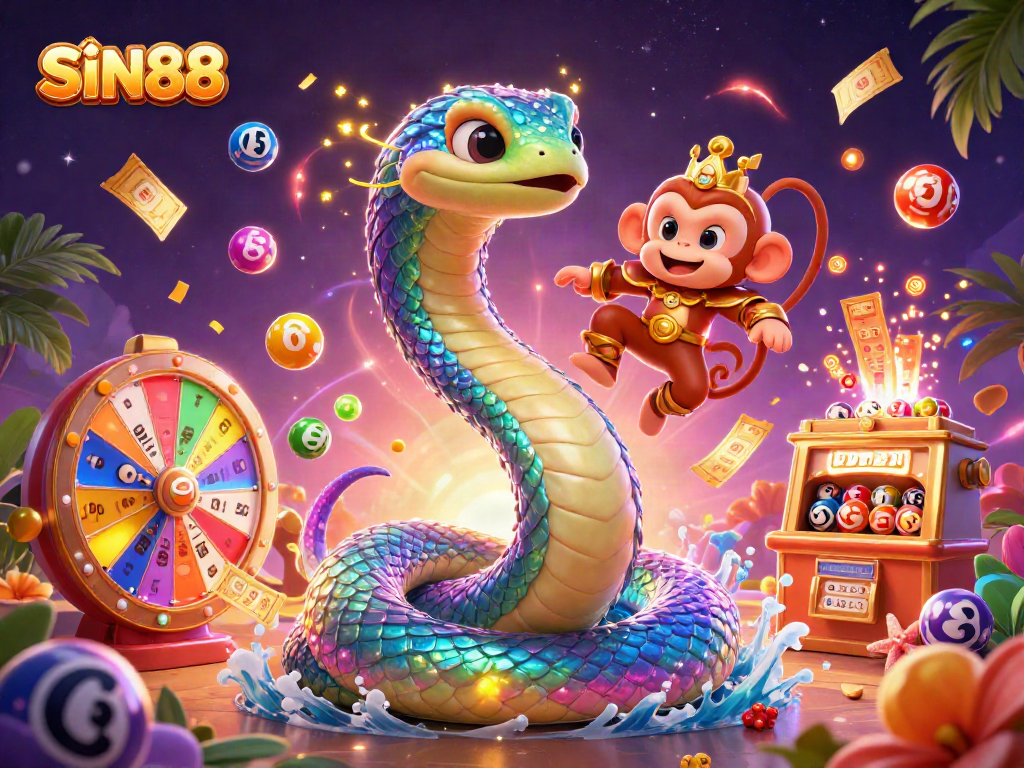 SIN88 brings excitement with a playful monkey king and a colorful serpent in a vibrant gambling scene.
