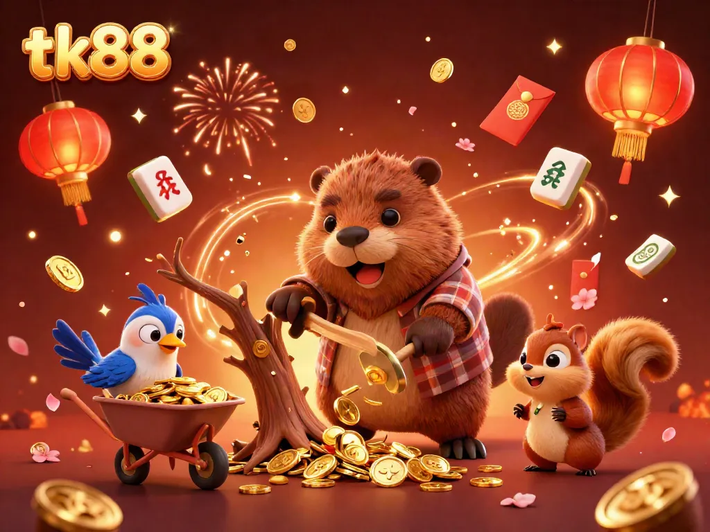 Engage with tk88 by joining a vibrant casino world filled with animated characters collecting coins and celebrating.