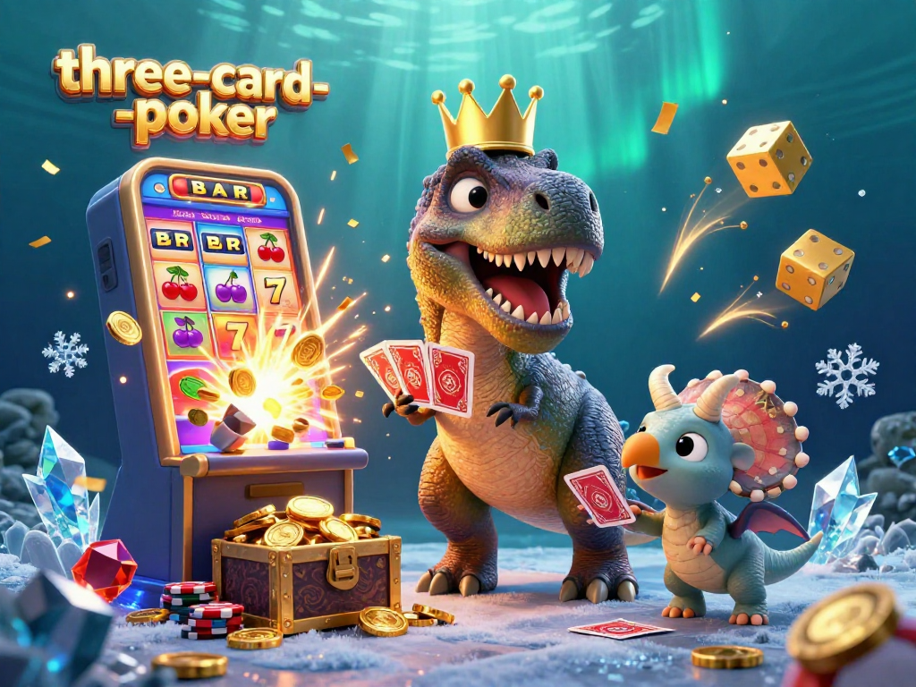 Engage in three-card-poker with a T-Rex shuffling cards and a pterodactyl assistant amid prize elements.
