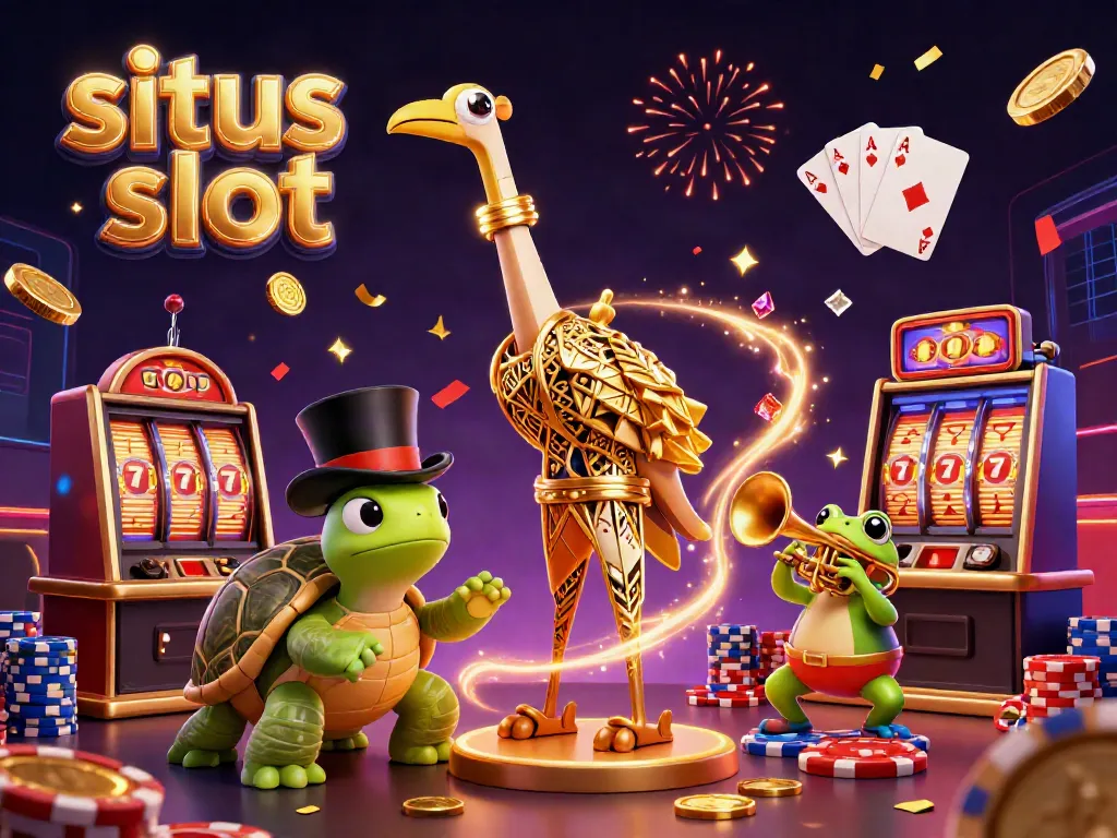 Karakter lucu bermain slot di situs slot dengan koin emas mengalir dan kartu menang.