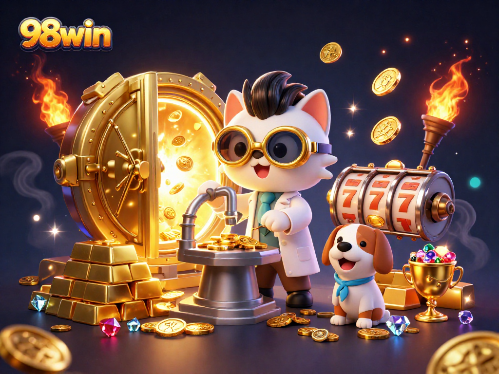Experience thrilling slot gaming at 98win with vibrant 3D casino illustration showcasing wins and excitement.