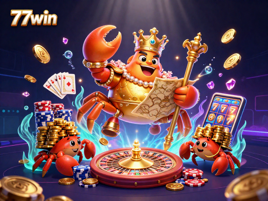 Experience the excitement of 77win with the vibrant 3D illustration of a golden crab emperor, casino elements, and thrilling treasures.