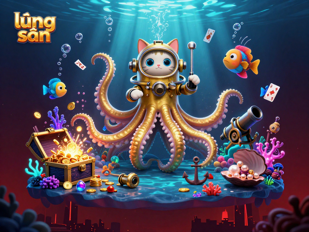 Engage in the world of lương sơn with a vibrant cartoon gambling scene featuring three characters amidst treasure.