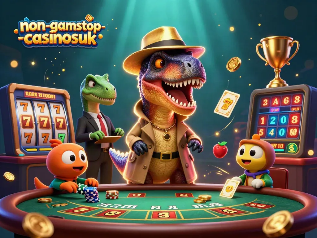 Experience top gaming action at non-gamstop-casinosuk featuring a velociraptor at a blackjack table.