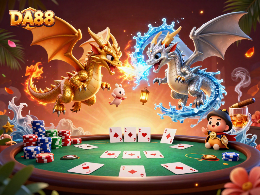 Engage with DA88 gaming through a vibrant scene of golden and silver dragons clashing amid poker elements.