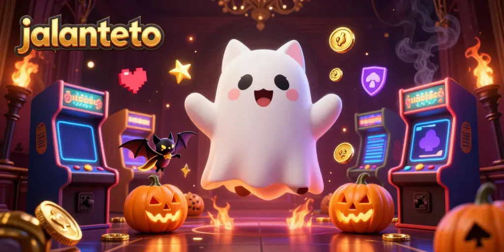 Permainan menarik di jalantoto dengan hantu kucing dan kelelawar di kasino bertema Halloween.