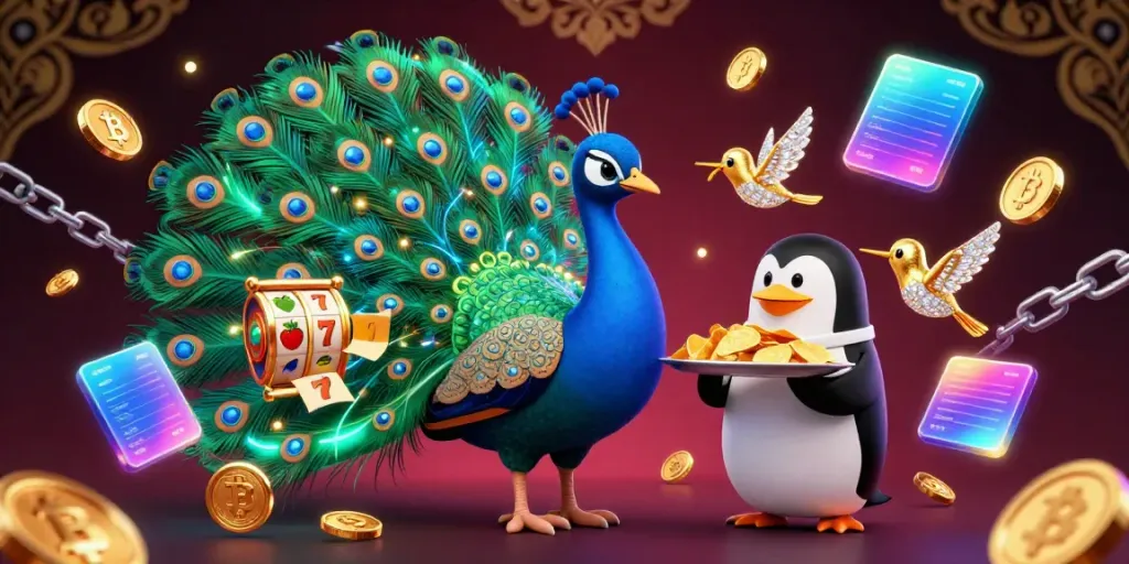 Join the thrilling action with Slot Gacor as a dazzling peacock and butler penguin showcase vibrant slot reels.
