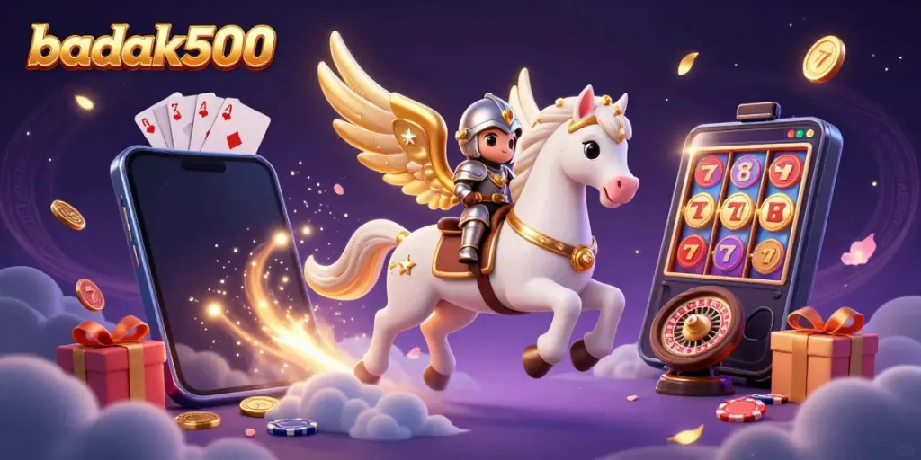 Permainan slot badak500 dengan kuda putih bercahaya, kartu, dan koin emas terbang.