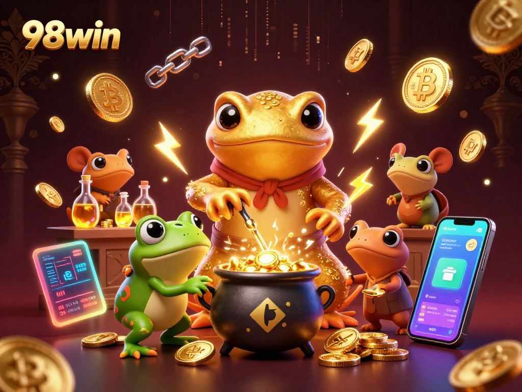 Engage with 98win's exciting alchemist casino scene featuring gold coins and vibrant gaming elements.