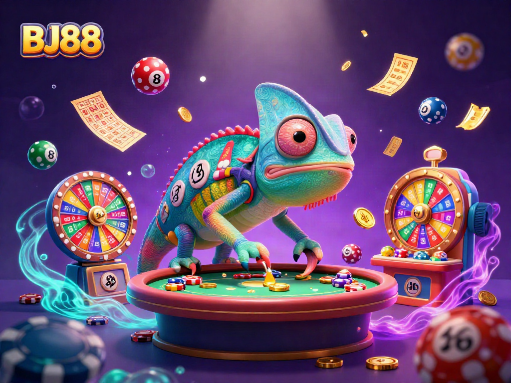 Engage in thrilling games at BJ88, highlighted by a vibrant chameleon casino owner and lively lottery elements.