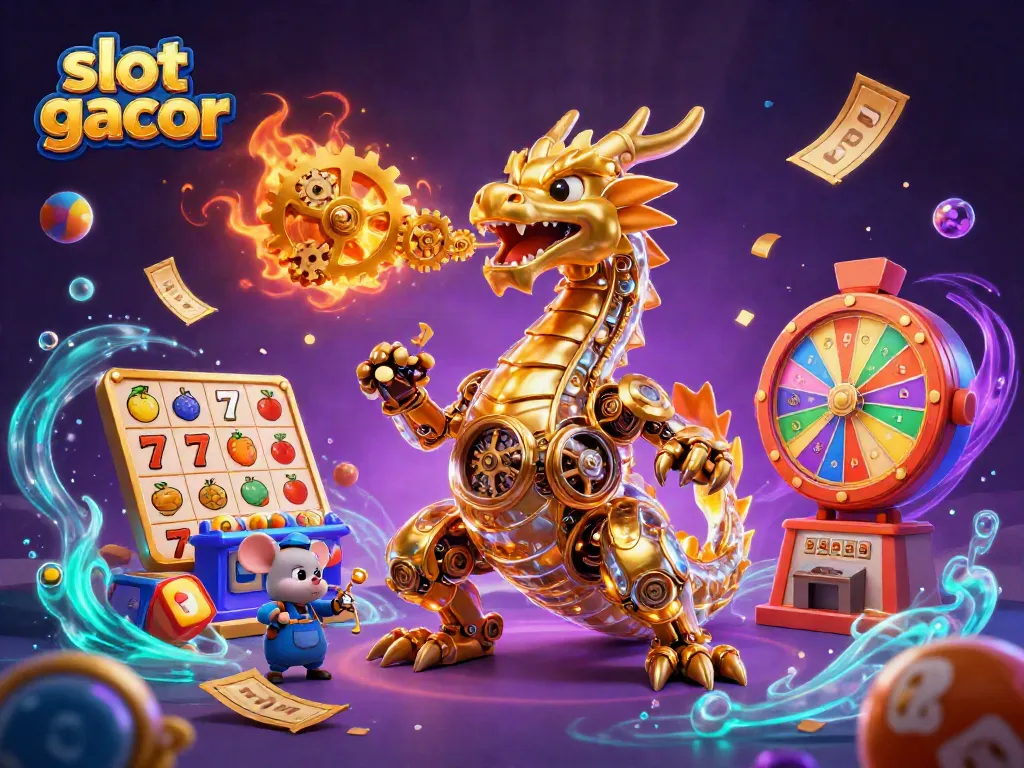 Engage with slot gacor-themed promotional art showcasing a biomechanical dragon surrounded by vibrant casino elements.