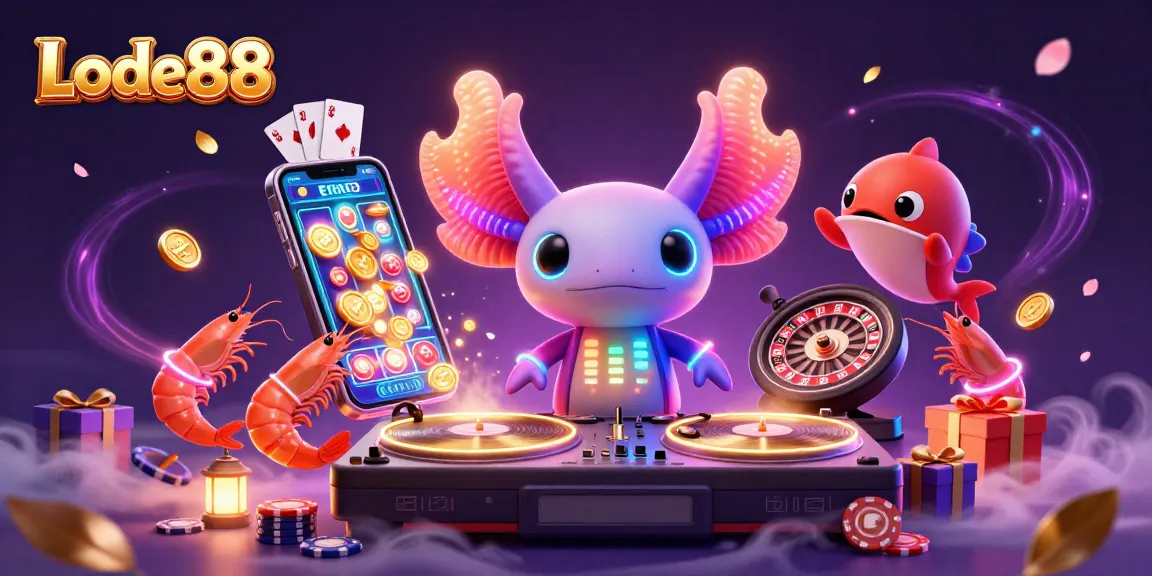 Experience the vibrant Lode88 casino with neon axolotl DJ and dynamic gaming action.