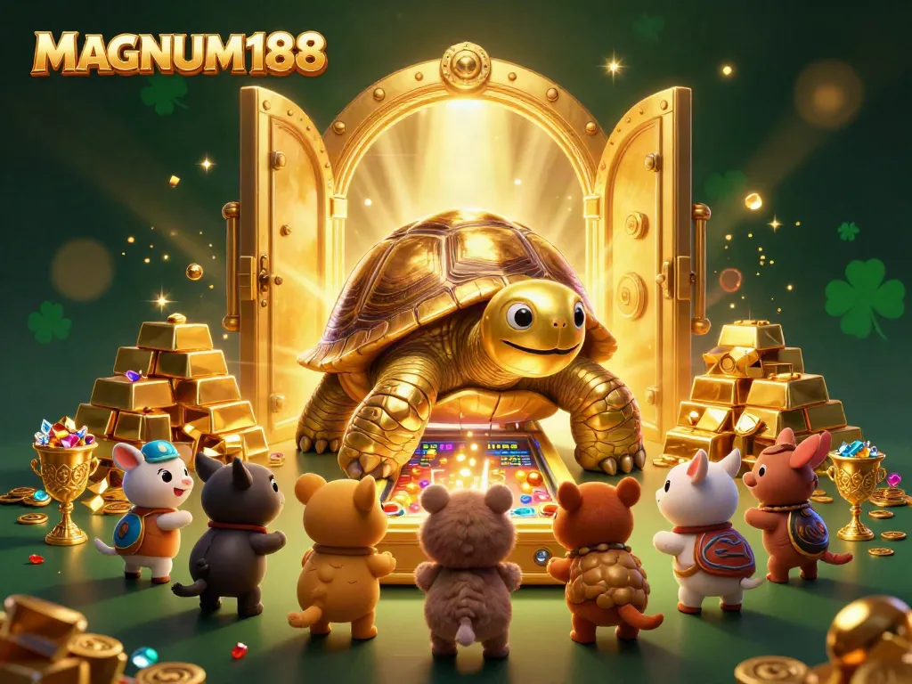 Engage with the MAGNUM188 slot experience featuring vibrant cartoon characters and golden treasures.