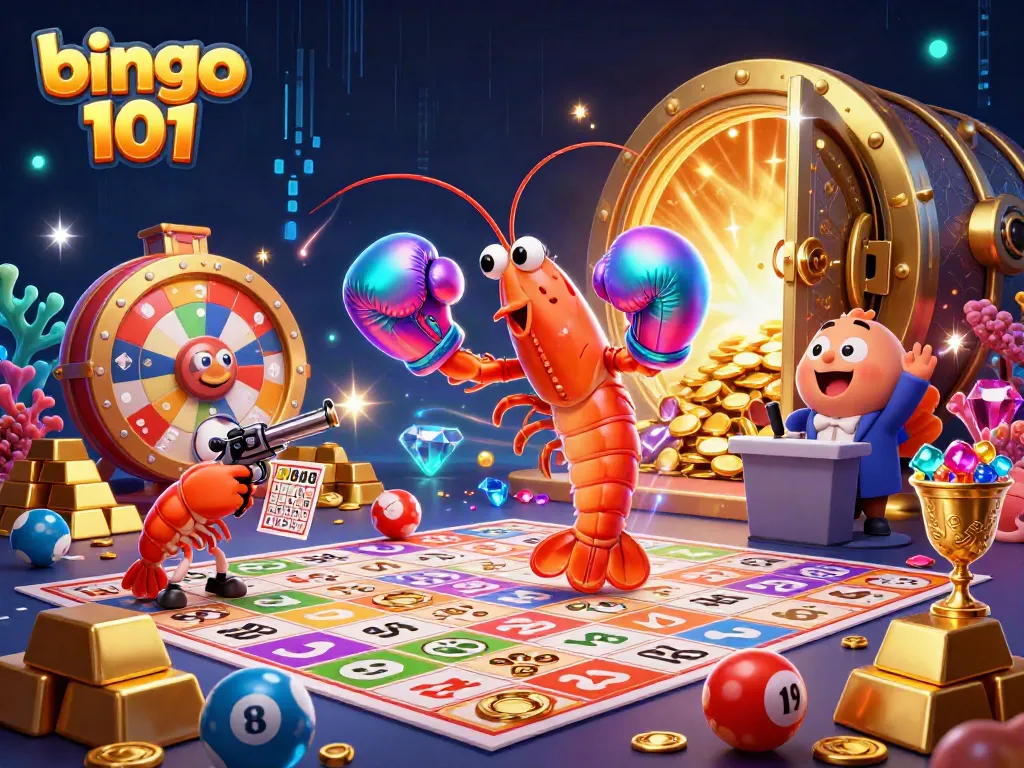 Bingo 101, fitur utama, kartun udang mantis bertanding bingo dengan teman dan kelompok pengumuman