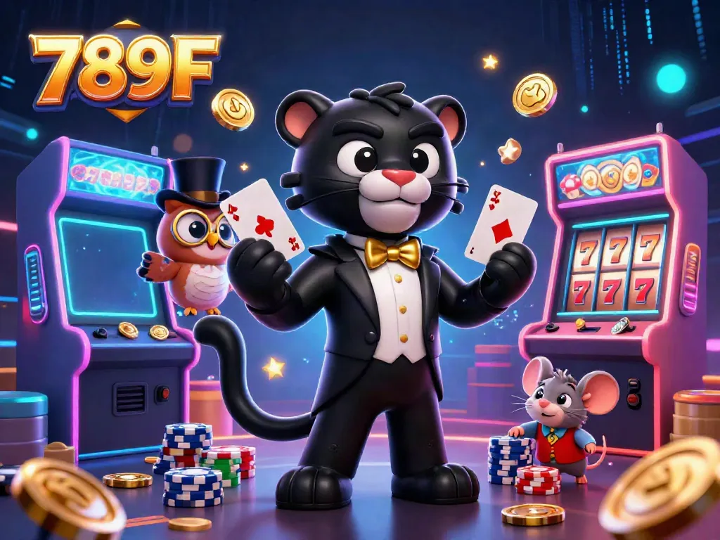 Engage with the vibrant 789F online casino scene featuring a stylish black panther dealer, delightful owl, and a lucky mouse.