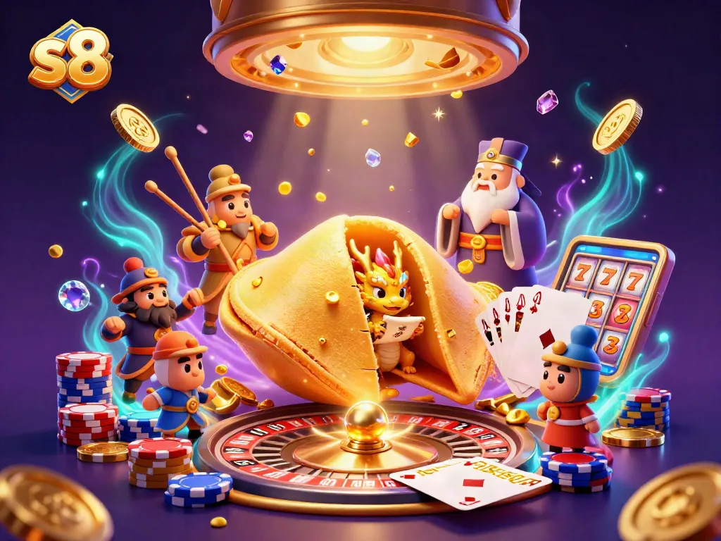Sip and win with s8 as a wise dragon reveals fortunes in a vibrant casino-themed scene.