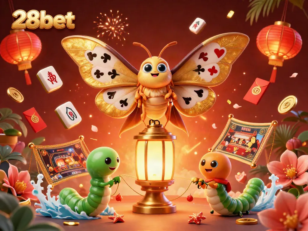 Experience the vibrant and immersive world of 28bet with this dynamic 3D illustration of a golden moth and casino elements.