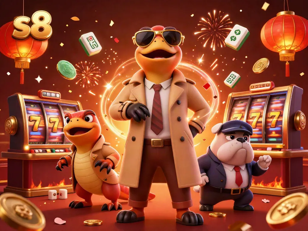Watch three raptors disguised in a trench coat attempting to enter a VIP casino lounge at s8, surrounded by lively gambling elements.