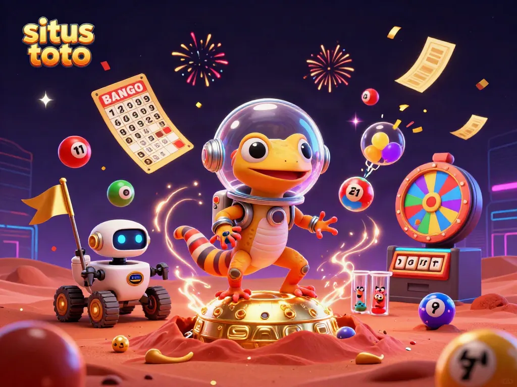 Exciting scene of a Martian gecko celebrating at a golden casino in red Mars sand, showcasing situs toto.