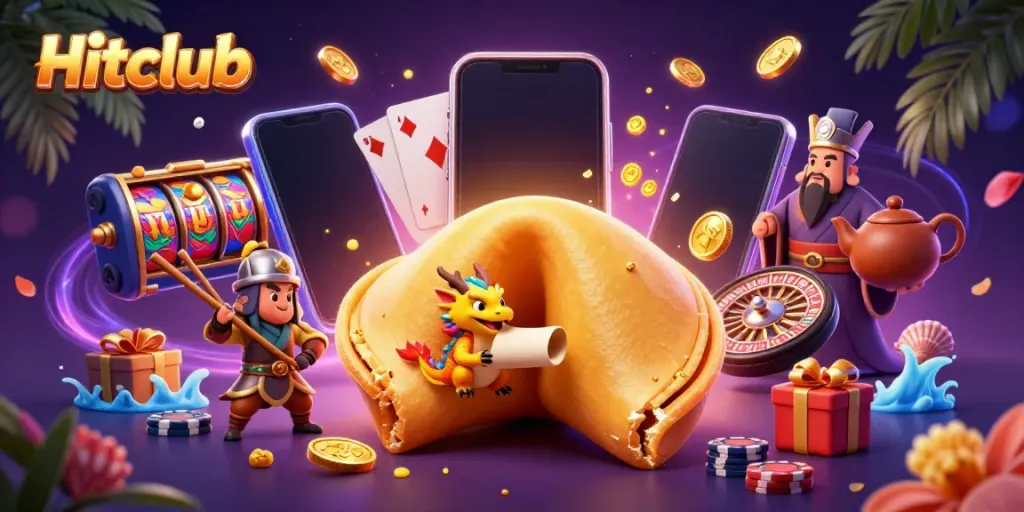 Experience the thrill of Hitclub with a lively 3D casino illustration, showcasing dynamic gaming elements.