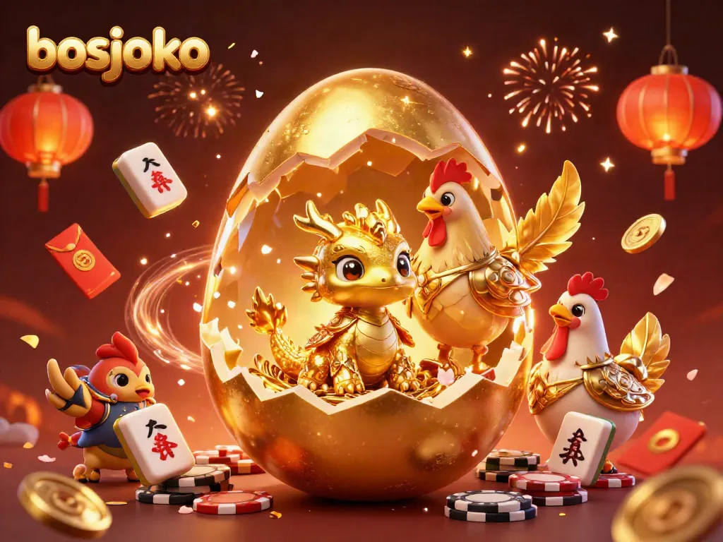 Experience the vibrant world of bosjoko with a stunning golden dragon and poker chips in an exhilarating casino-themed illustration.
