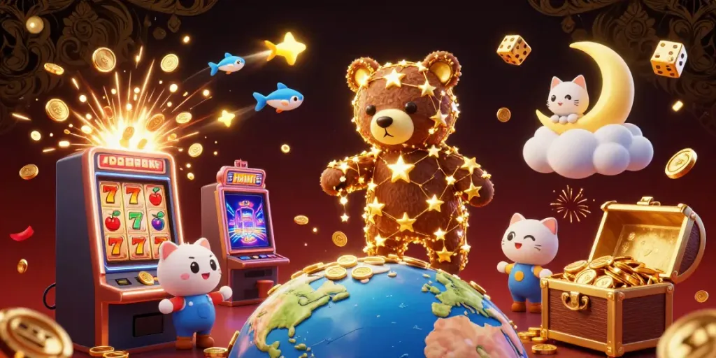 IWIN features a constellation bear scooping coins in a vibrant casino theme with jackpot wins.