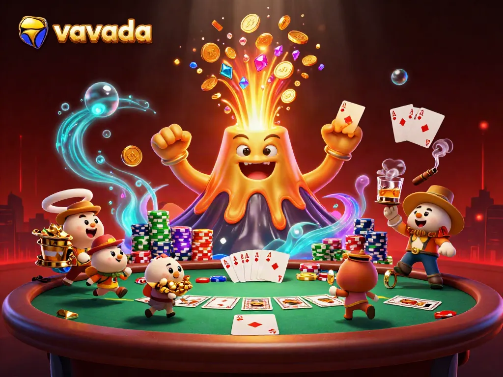 Experience the vibrant thrill of Vavada as a golden volcano erupts in coins amidst casino excitement.