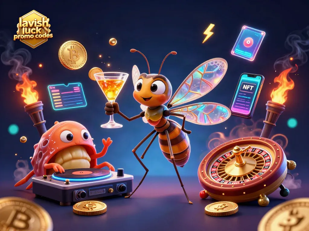 Experience winning with lavish luck promo codes as a mosquito mascot holds a cocktail in a vibrant casino scene.