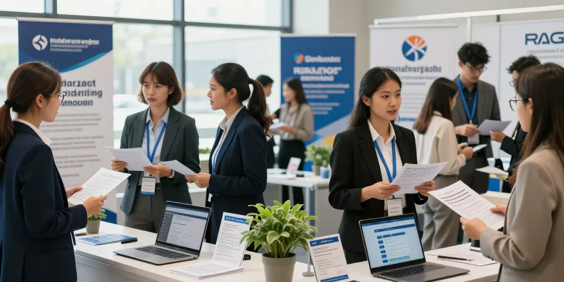 Networking at a job fair while หางาน opportunities are discussed in a modern exhibition hall.